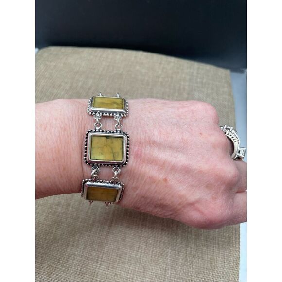 Premier Designs Yellow & Silver Tone Panel Link Bracelet Toggle Reversible - Picture 1 of 8